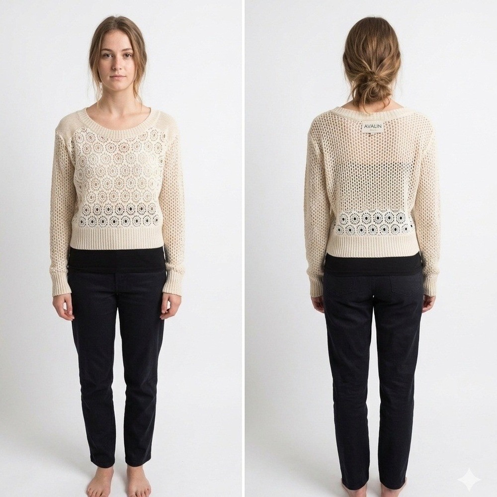 Avalin Sweater Womens XL Cream Cotton Crochet Floral Knit Beige Long Sleeve